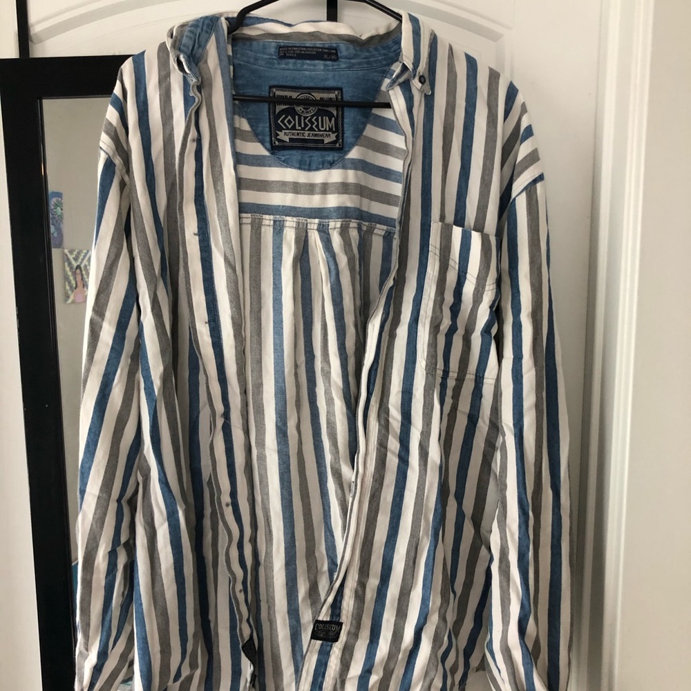 Blue and white striped flannel/button shirt